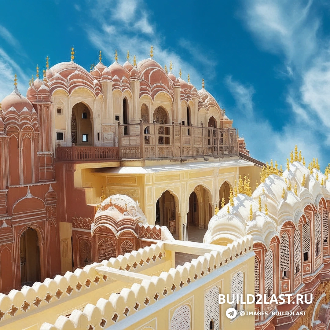 Колонны и арки в интерьере дворца Hawa Mahal, украшенные люстрами и керамической плиткой.