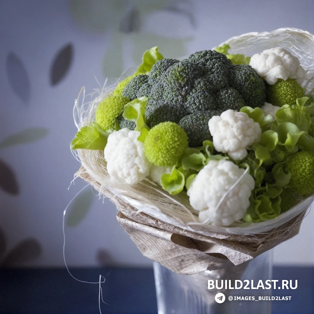 Красивый букет с овощами и фруктами в красных и зеленых оттенках, выполненный вручную.