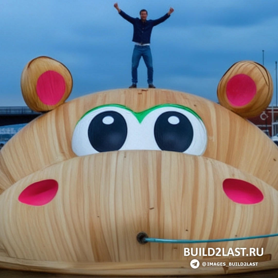 Скульптура гиппопотама на Темзе в Лондоне, выполненная из светлого дерева и в бежевых и розовых оттенках
