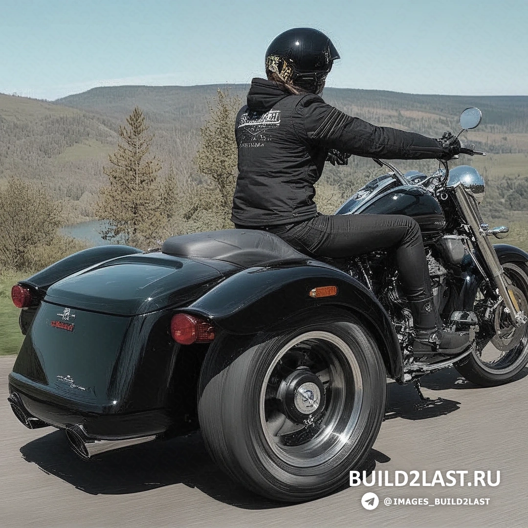 Трайк FREEWHEELER на фоне заката, с видимым задним колесом